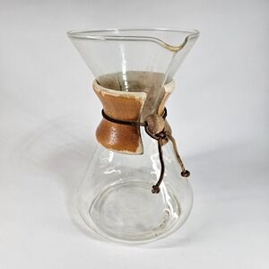 Vtg Chemex 6 Cup Glass Pour Over Coffee Maker 9.25" MCM Wood & Leather Sleeve